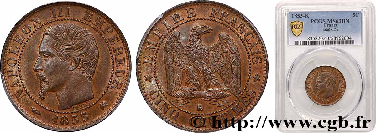 Cinq centimes Napoléon III, tête nue 1853 Bordeaux F.116/5 MS63 PCGS