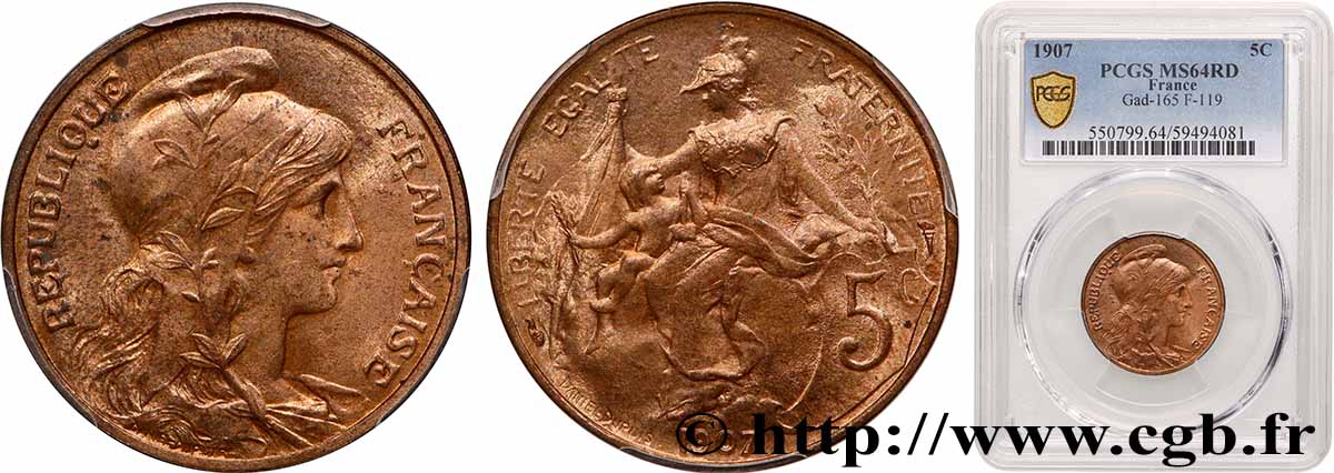 5 centimes Daniel-Dupuis 1907  F.119/17 MS64 PCGS