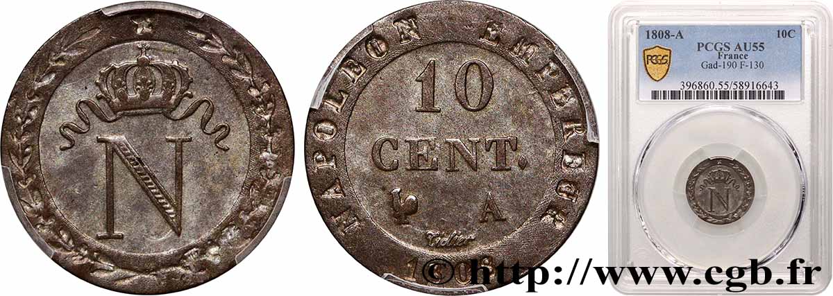 10 cent. à l&nbsp;N couronnée 1808 Paris F.130/2 AU55 PCGS