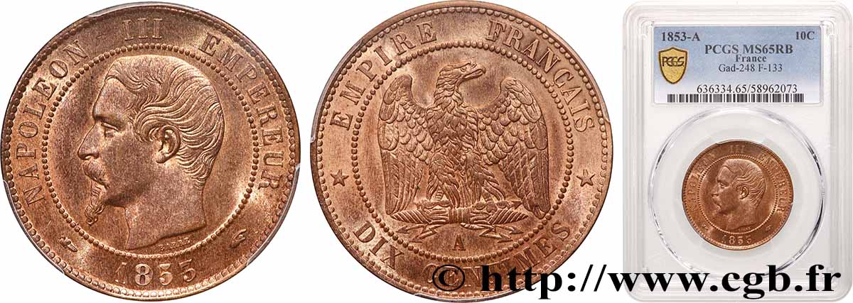 Dix centimes Napoléon III, tête nue 1853 Paris F.133/2 MS65 PCGS