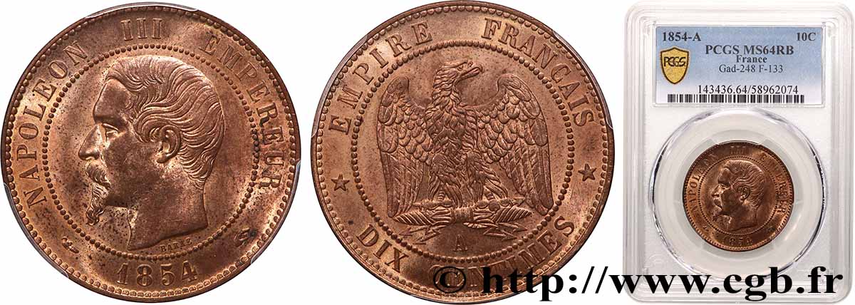 Dix centimes Napoléon III, tête nue 1854 Paris F.133/11 MS64 PCGS