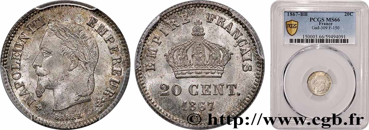 20 centimes Napoléon III, tête laurée, grand module 1867 Strasbourg F.150/2 MS66 PCGS