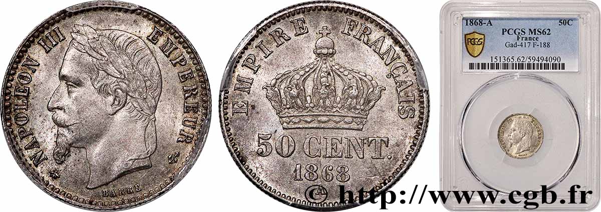 50 centimes Napoléon III, tête laurée 1868 Paris F.188/20 MS62 PCGS
