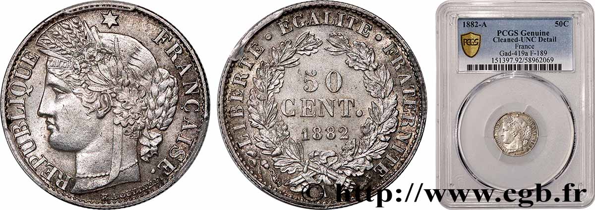 50 centimes Cérès, IIIe République 1882 Paris F.189/10 MS PCGS