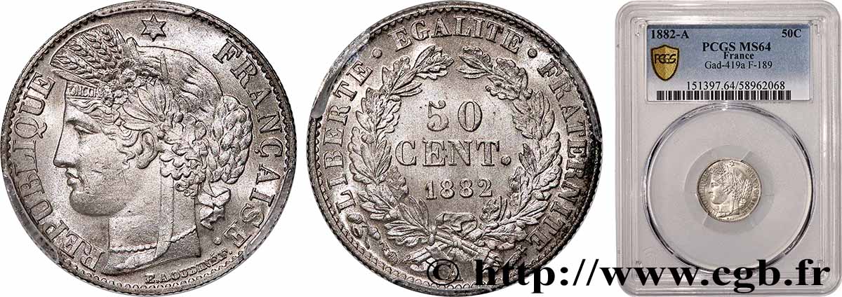 50 centimes Cérès, IIIe République 1882 Paris F.189/10 SPL64 PCGS