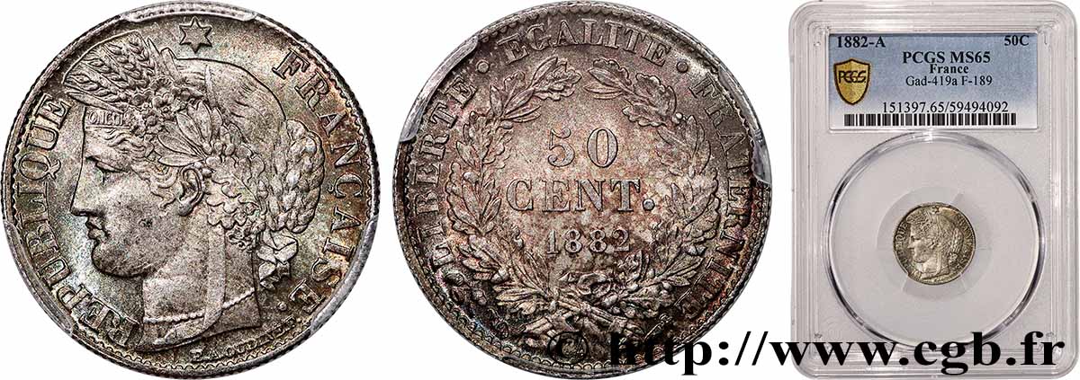 50 centimes Cérès, IIIe République 1882 Paris F.189/10 FDC65 PCGS