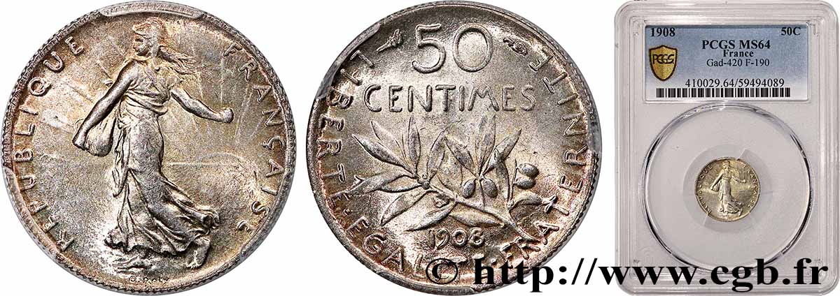 50 centimes Semeuse 1908 Paris F.190/15 MS64 PCGS