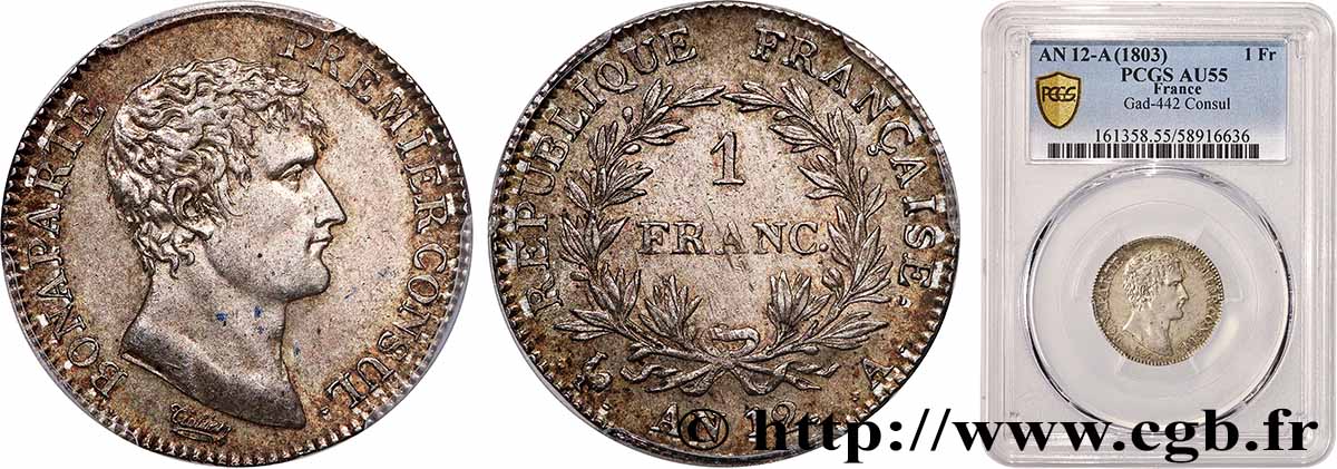 1 franc Bonaparte Premier Consul 1804 Paris F.200/8 AU55 PCGS