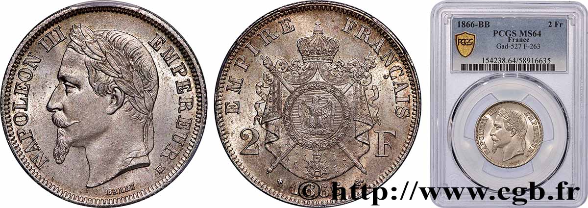 2 francs Napoléon III, tête laurée  1866 Strasbourg F.263/3 MS64 PCGS