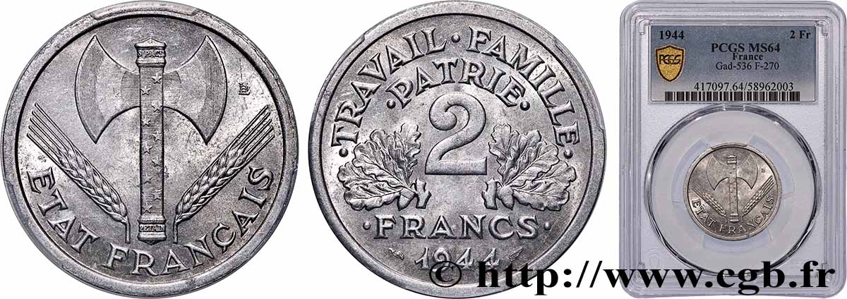 2 francs Francisque 1944  F.270/4 MS64 PCGS