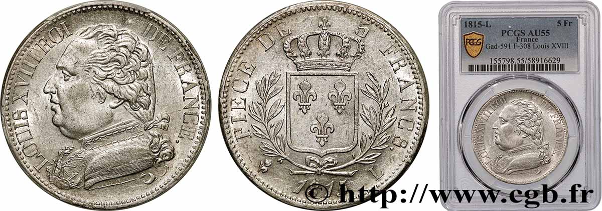 5 francs Louis XVIII, buste habillé 1815 Bayonne F.308/23 AU55 PCGS
