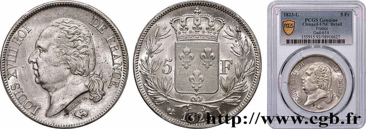 5 francs Louis XVIII, tête nue 1823 Bayonne F.309/83 MS PCGS