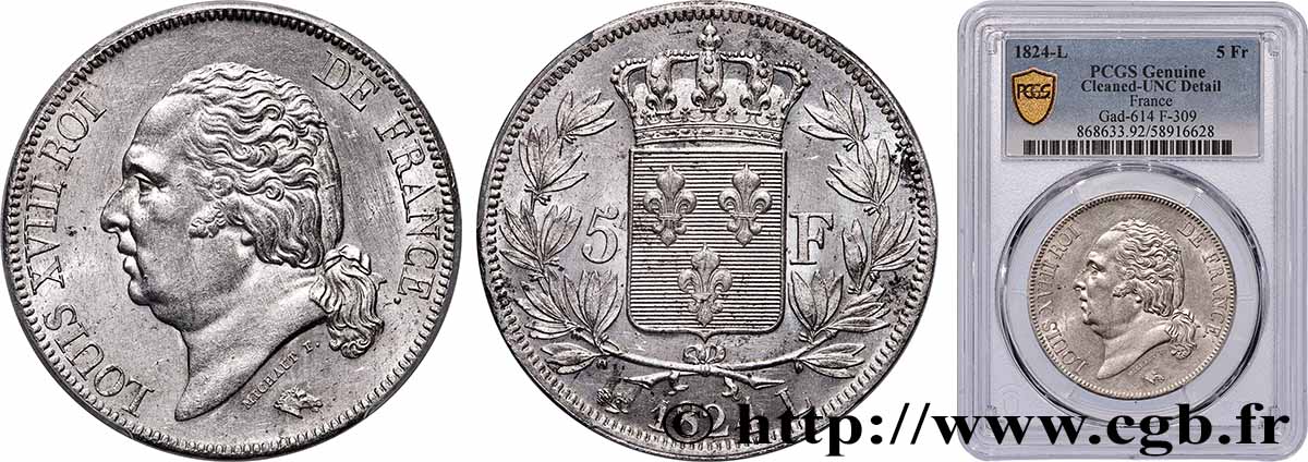 5 francs Louis XVIII, tête nue 1824 Bayonne F.309/94 MS PCGS