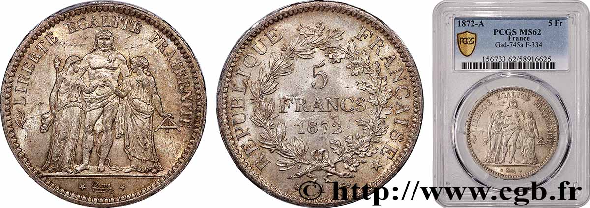 5 francs Hercule 1872 Paris F.334/6 MS62 PCGS