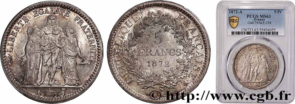 5 francs Hercule 1872 Paris F.334/6 SPL63 PCGS