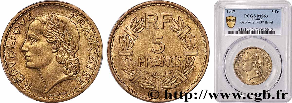 5 francs Lavrillier, bronze-aluminium 1947  F.337/9 SPL63 PCGS
