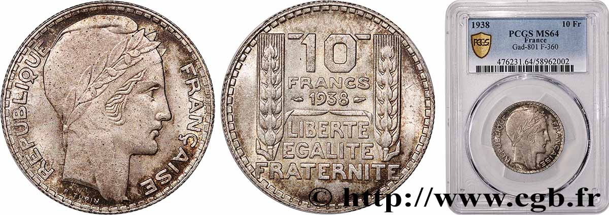10 francs Turin 1938  F.360/9 SPL64 PCGS