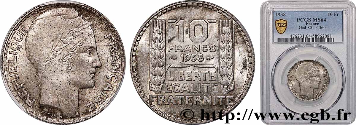 10 francs Turin 1938  F.360/9 SPL64 PCGS