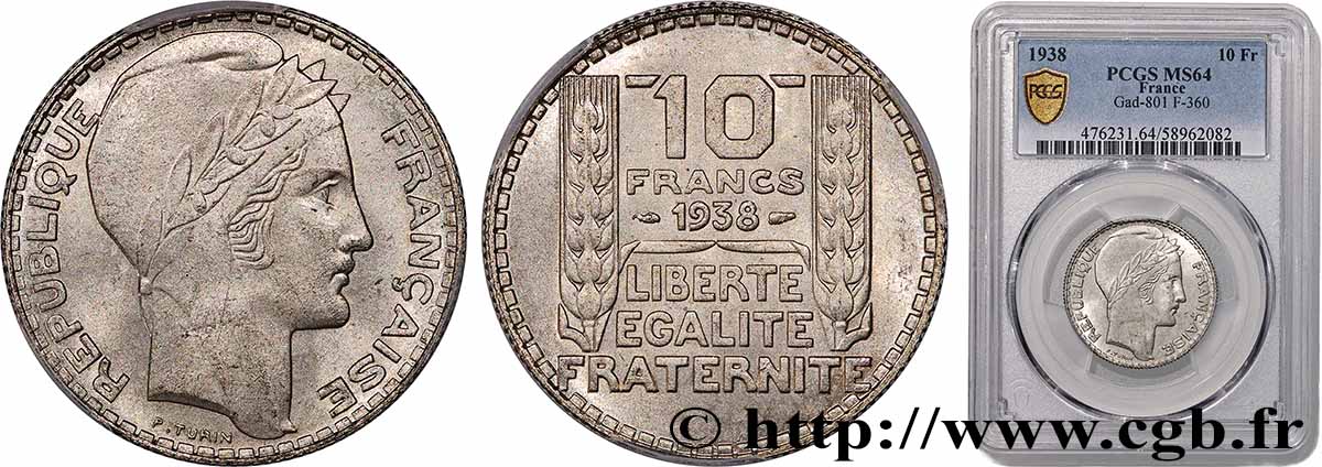 10 francs Turin 1938  F.360/9 SC64 PCGS