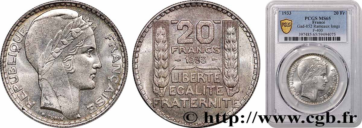20 francs Turin, Rameaux Longs 1933  F.400/5 MS65 PCGS