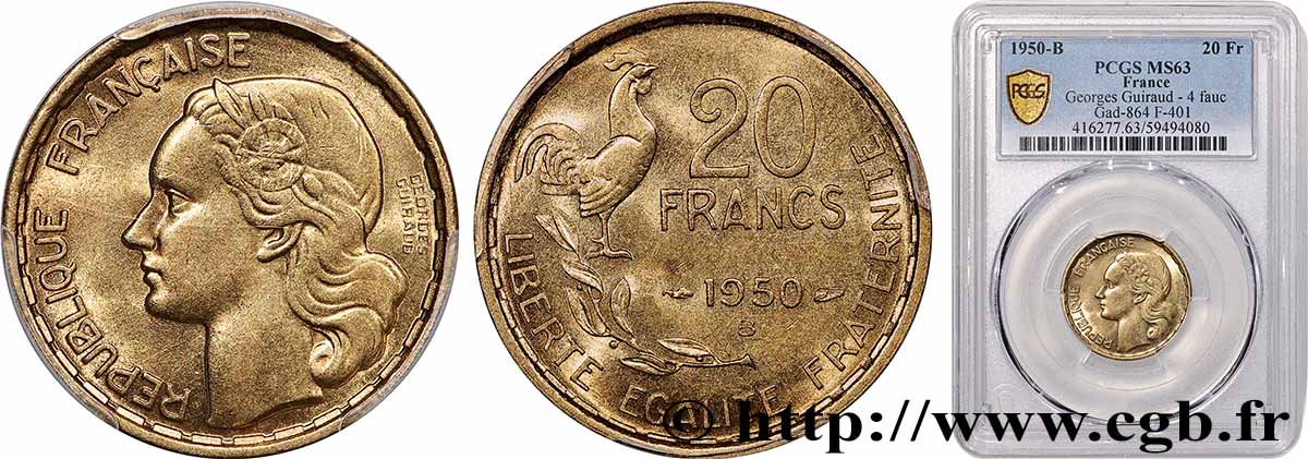 20 francs Georges Guiraud, 4 faucilles 1950 Beaumont-Le-Roger F.401/3 MS63 PCGS