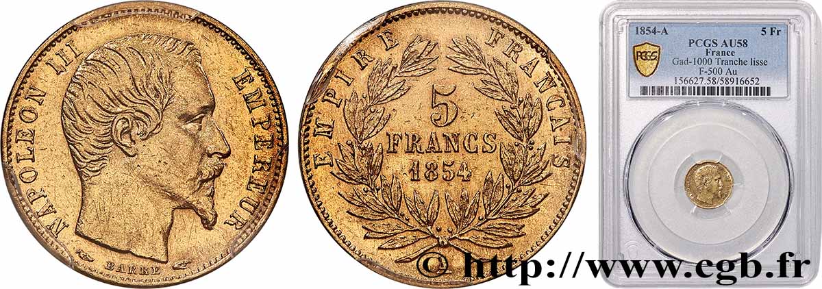 5 francs or Napoléon III, tête nue, petit module, tranche lisse 1854 Paris F.500/1 AU58 PCGS