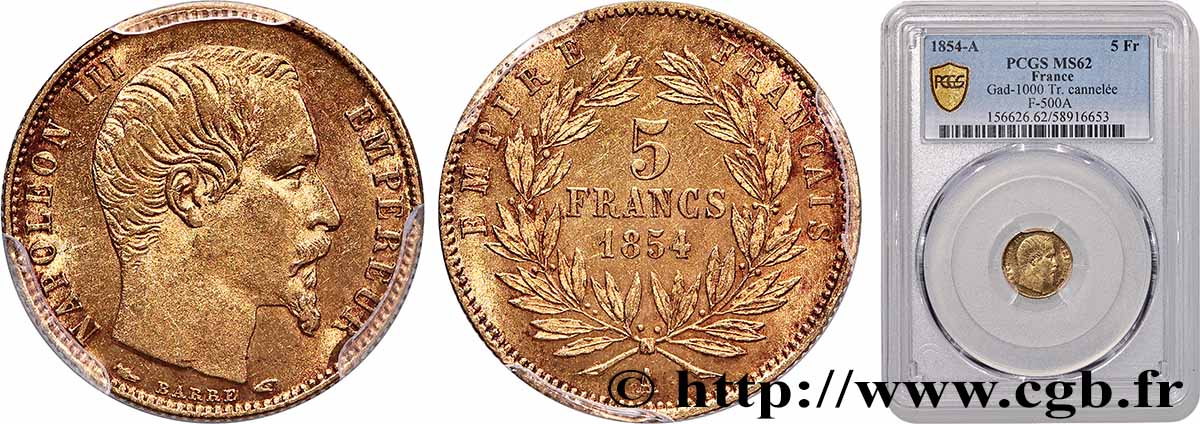 5 francs or Napoléon III, tête nue, petit module, tranche cannelée 1854 Paris F.500A/1 MS62 PCGS
