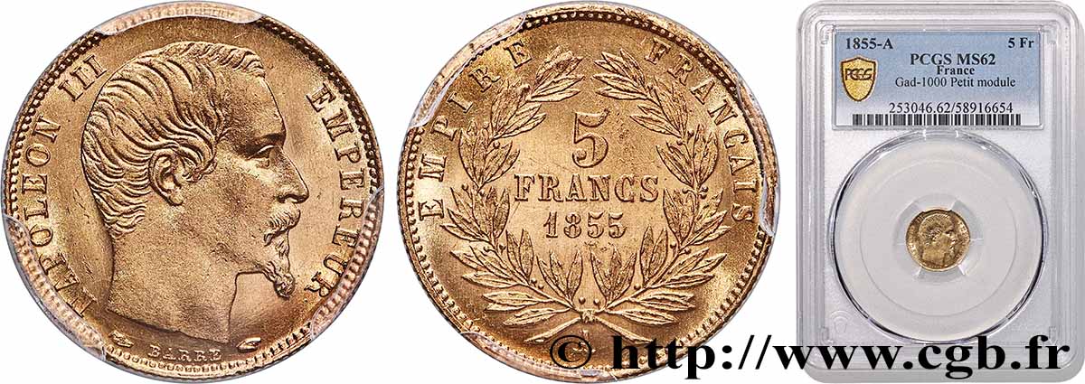 5 francs or Napoléon III, tête nue, petit module, tranche cannelée 1855 Paris F.500A/2 MS62 PCGS