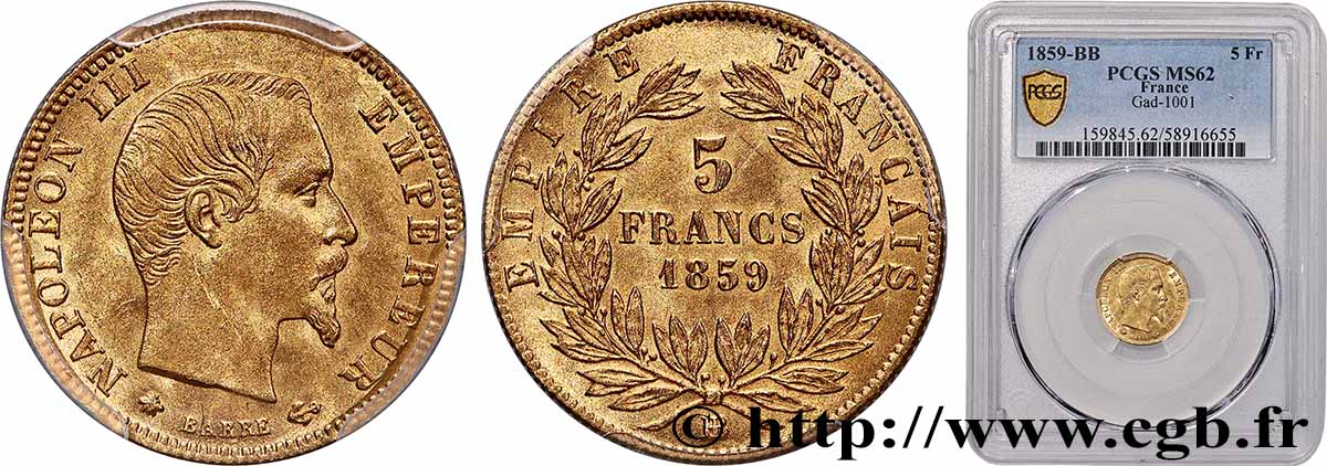 5 francs or Napoléon III, tête nue, grand module 1859 Strasbourg F.501/8 MS62 