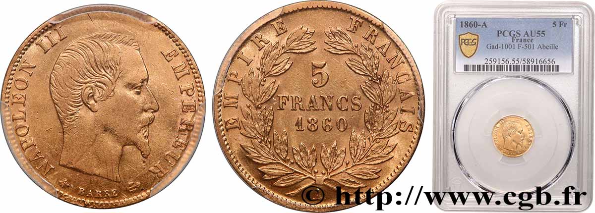 5 francs or Napoléon III, tête nue, grand module 1860 Paris F.501/11 AU55 PCGS