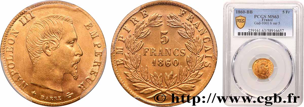 5 francs or Napoléon III, tête nue, grand module, en 60/50, 1860 Strasbourg F.501/12 fST63 PCGS