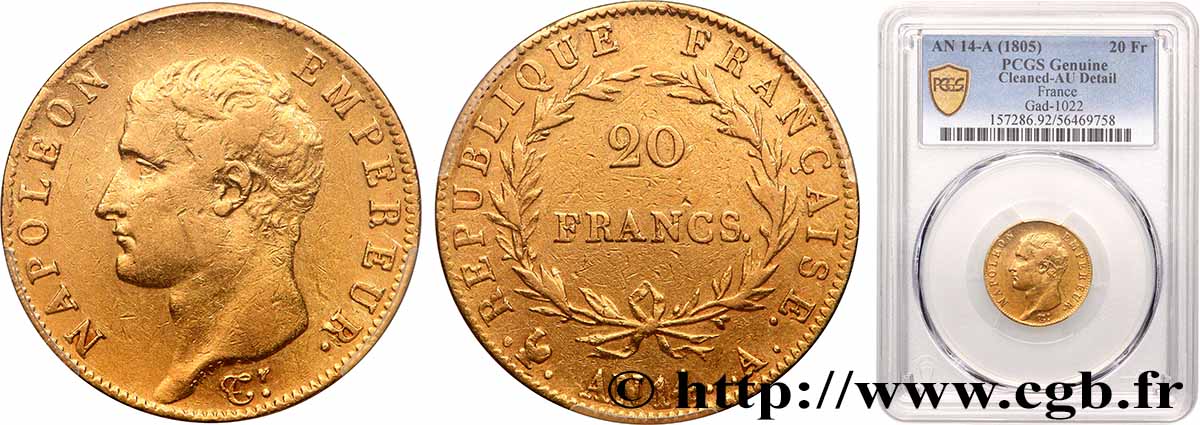 20 francs or Napoléon tête nue, Calendrier révolutionnaire 1805 Paris F.512/5 AU PCGS