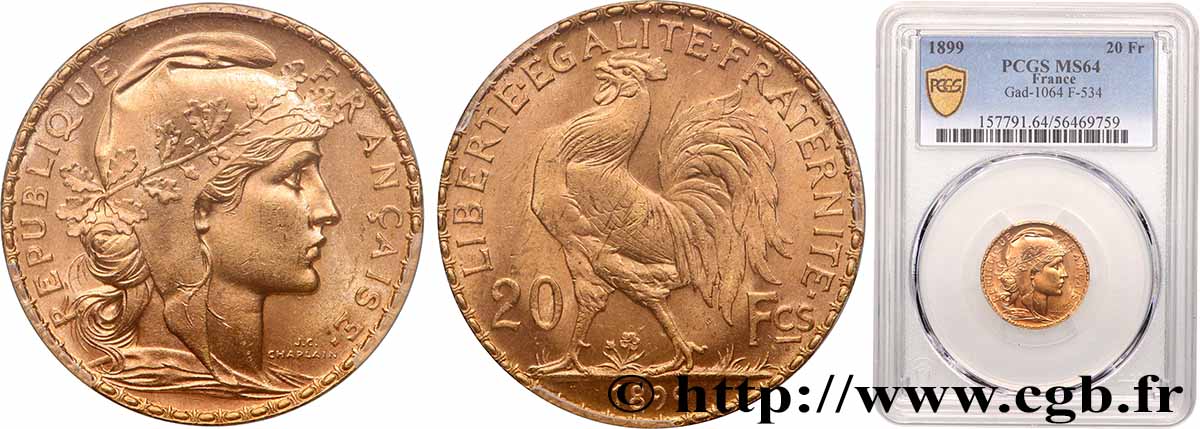 20 francs or Coq, Dieu protège la France 1899 Paris F.534/2 MS64 PCGS