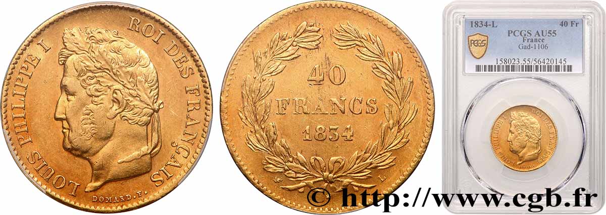 40 francs or Louis-Philippe 1834 Bayonne F.546/7 AU55 PCGS