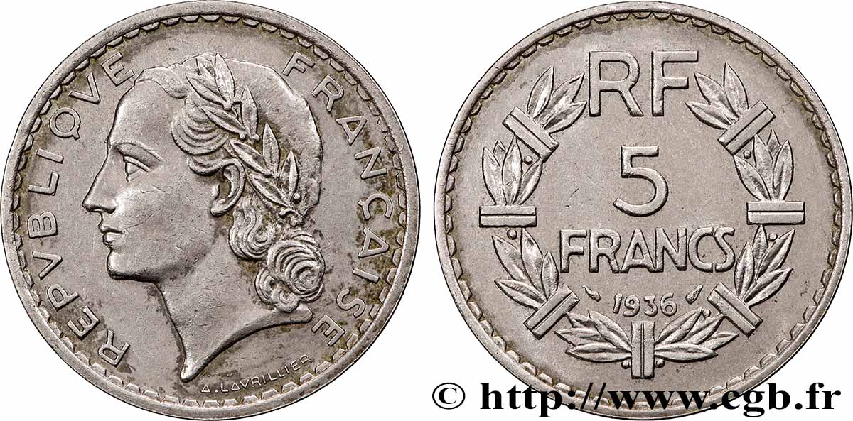 5 francs Lavrillier, nickel 1936  F.336/5 XF 