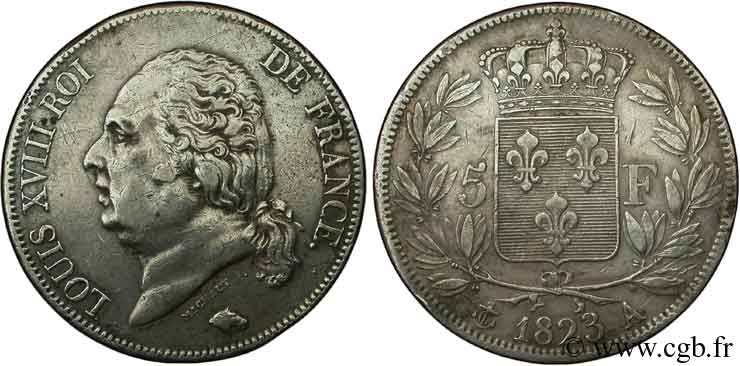 5 francs Louis XVIII, tête nue 1823 Paris F.309/76 TTB48 