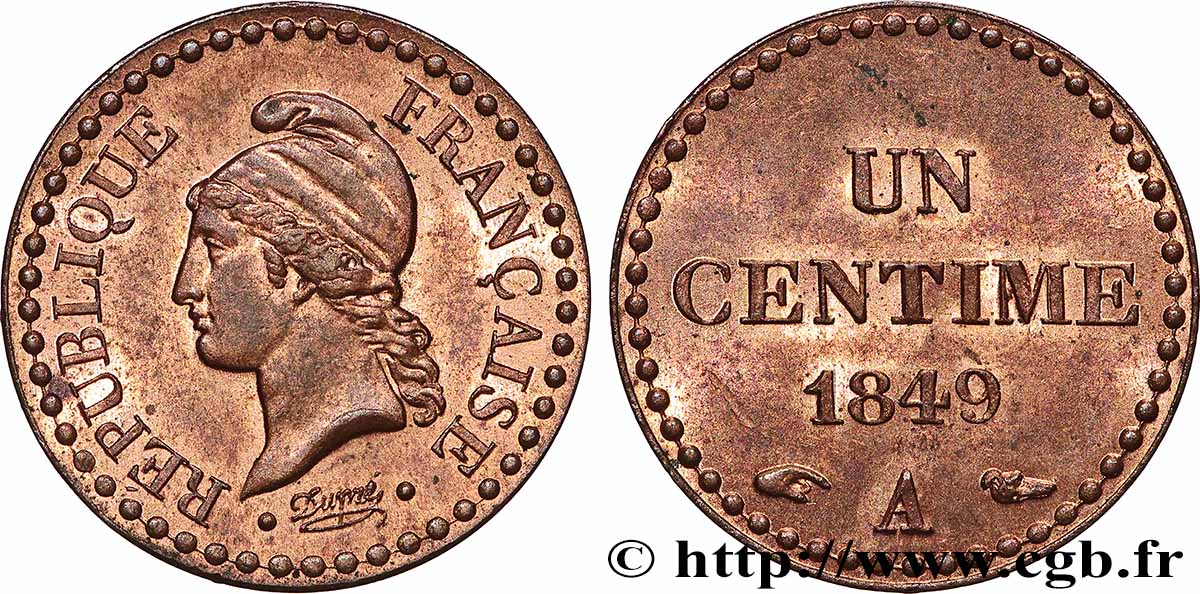 Un centime Dupré, IIe République 1849 Paris F.101/2 SPL63 