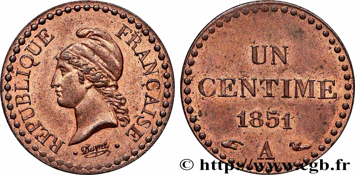Un centime Dupré, IIe République 1851 Paris F.101/8 SUP62 