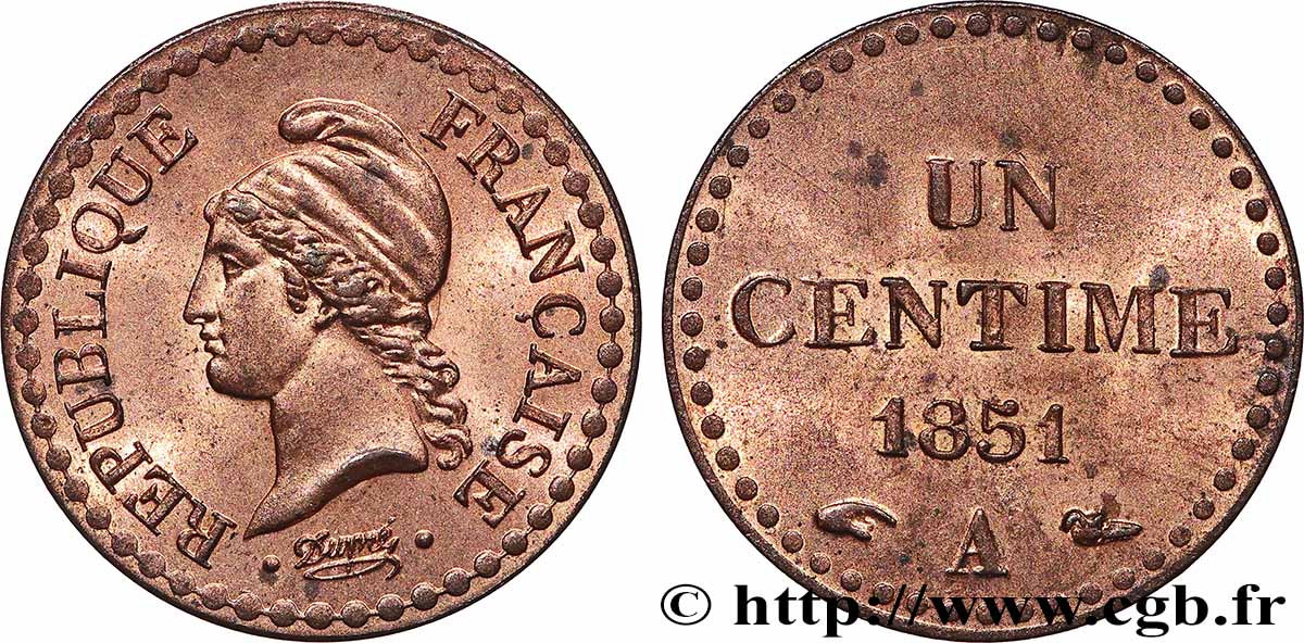 Un centime Dupré, IIe République 1851 Paris F.101/8 SPL63 