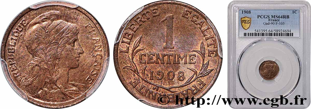 1 centime Daniel-Dupuis 1908 Paris F.105/10 SPL64 PCGS