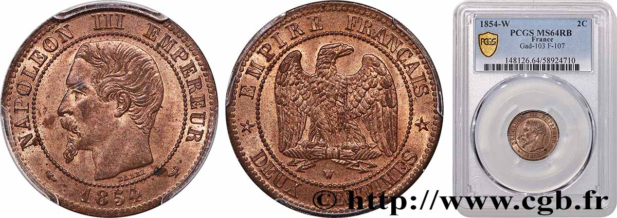 Deux centimes Napoléon III, tête nue 1854 Lille F.107/18 SPL64 PCGS