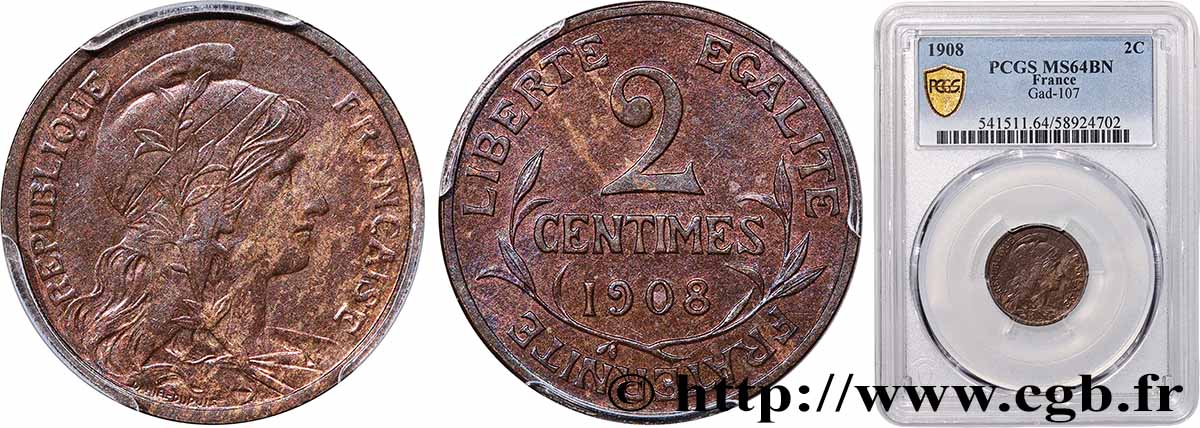 2 centimes Daniel-Dupuis 1908 Paris F.110/11 MS64 PCGS