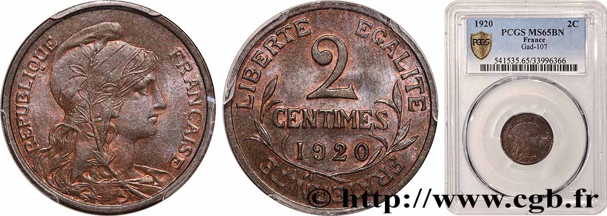 2 centimes Daniel-Dupuis 1920 Paris F.110/20 MS65 PCGS