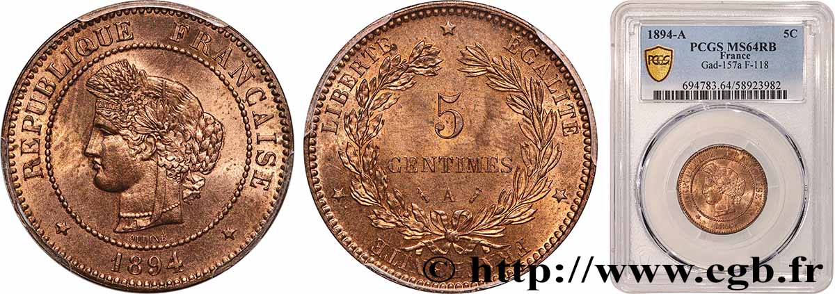 5 centimes Cérès 1894 Paris F.118/36 SC64 PCGS