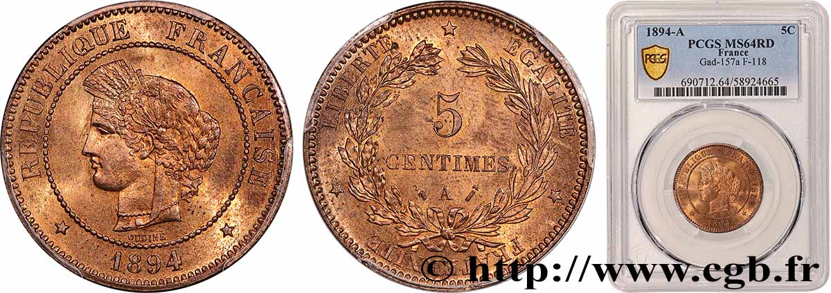 5 centimes Cérès 1894 Paris F.118/36 SC64 PCGS