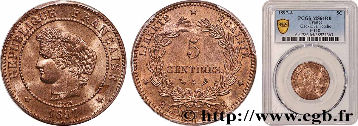 5 centimes Cérès, différent torche 1897 Paris F.118/39 SPL64 PCGS