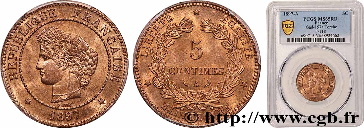 5 centimes Cérès, différent torche 1897 Paris F.118/39 FDC65 PCGS