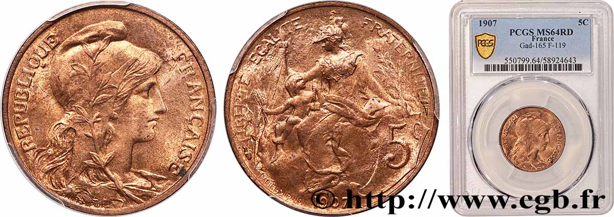 5 centimes Daniel-Dupuis 1907  F.119/17 SPL64 PCGS