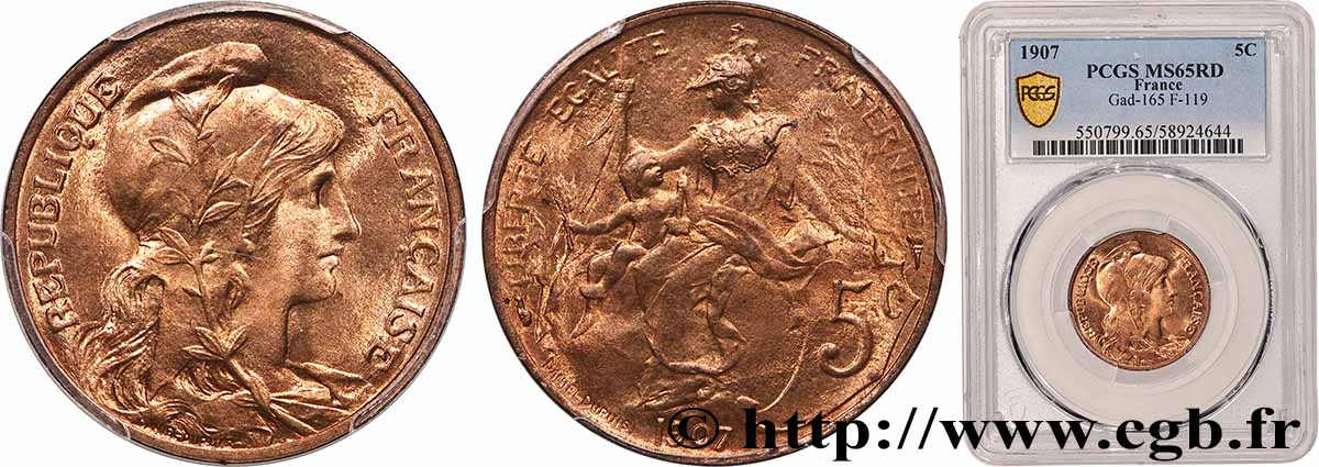 5 centimes Daniel-Dupuis 1907  F.119/17 FDC65 PCGS