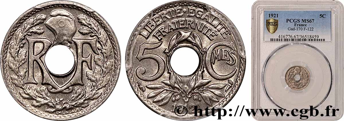 5 centimes Lindauer, petit module 1921 Paris F.122/3 FDC67 PCGS